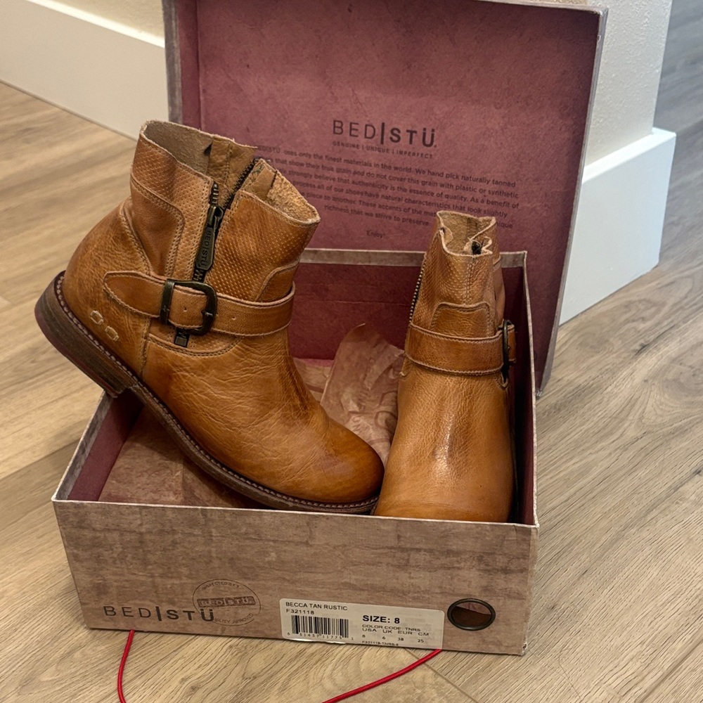 Bed Stu Tan Leather Buckle Ankle Boots